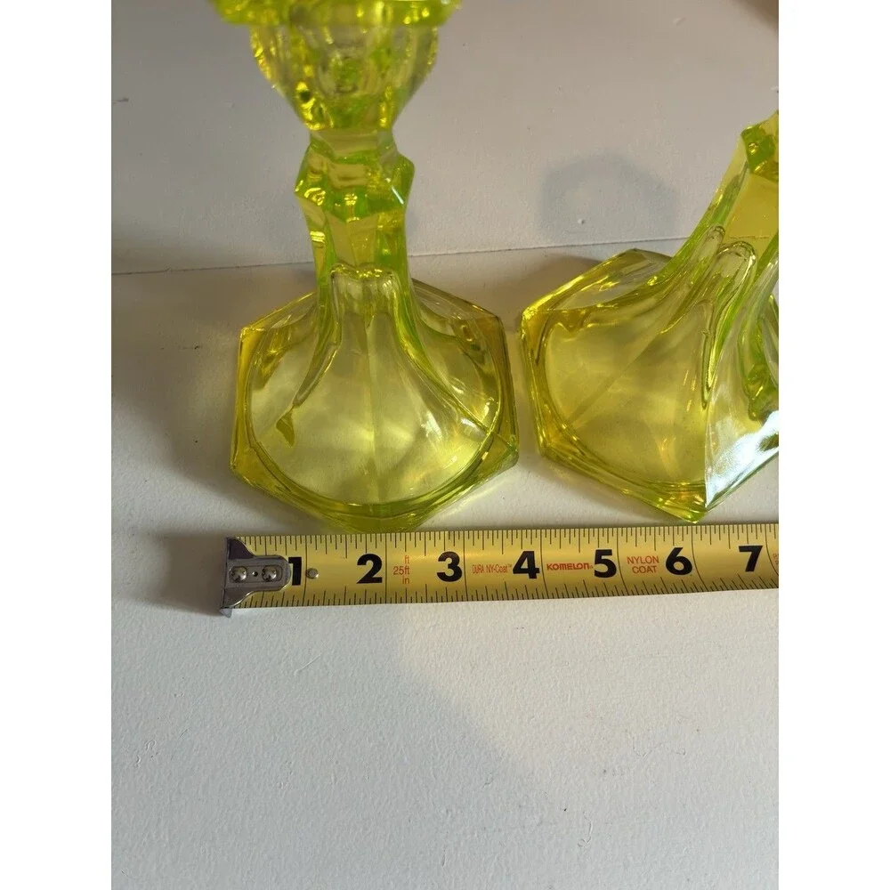 Vintage Antique Uranium Vaseline Glass Candlestick Set of 2 UV Taper Candles
